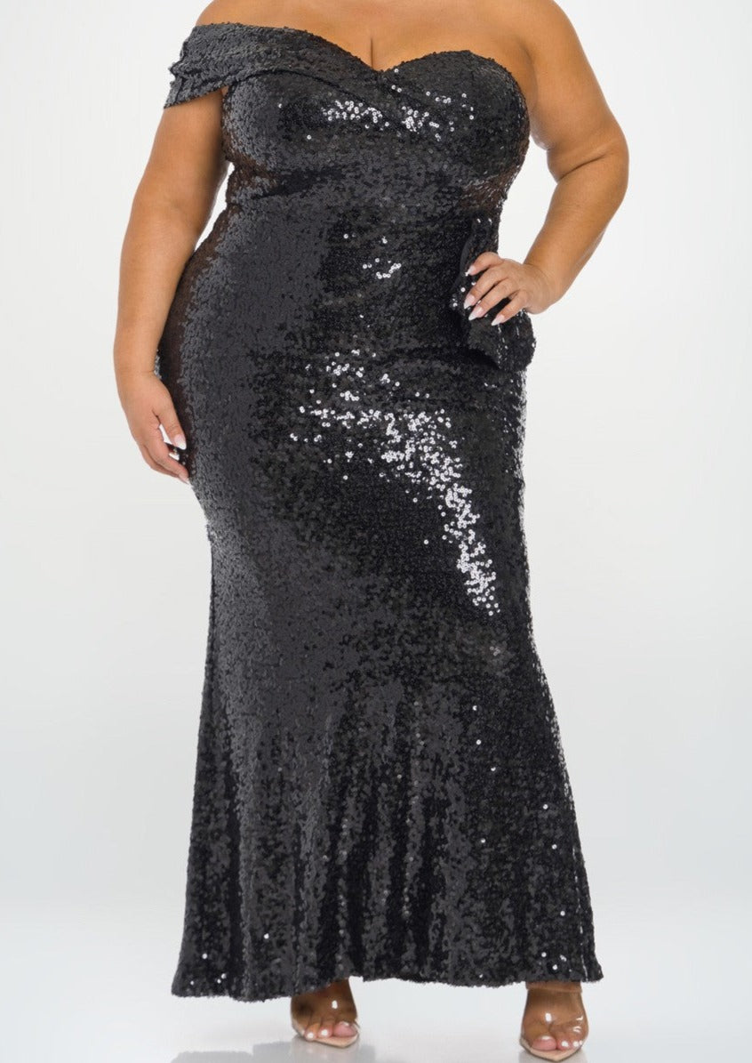 ONE SHOULDER CURVY SEQUIN GOWN